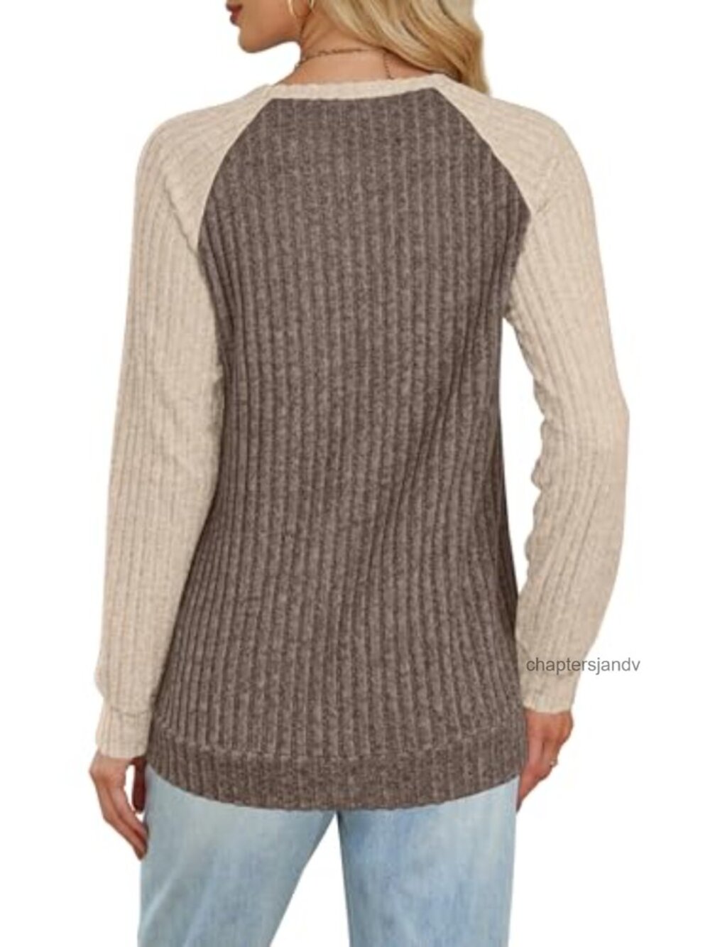 Oversized Ribbed Knit Color Block Raglan Tunic Sweater with Pocket - Picture 4 of 6